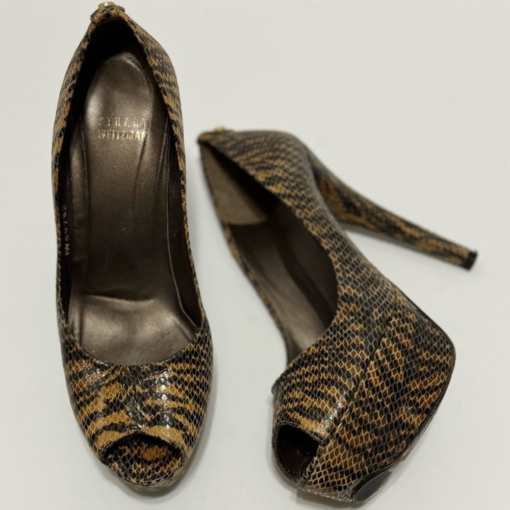 Stuart Weitzman Snakeskin Platform Peep Toe Stiletto Heels EUC